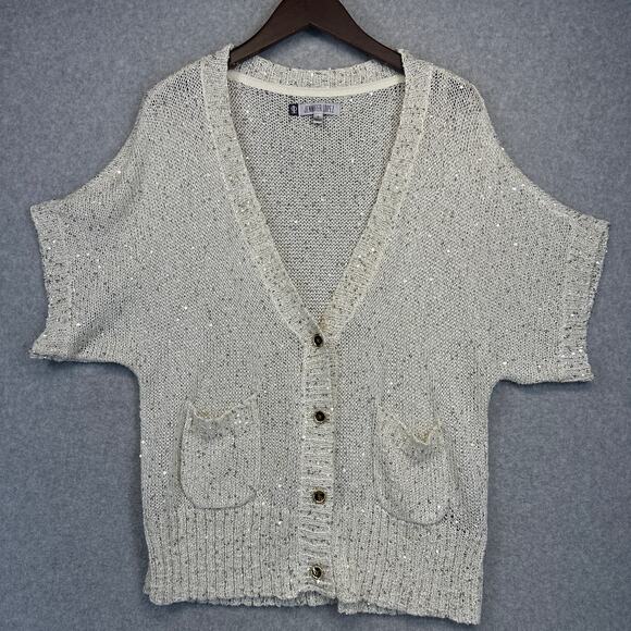 Jennifer Lopez Sweater Womens Medium Cream Sequins Cardigan Short Sleeve V-Neck - Picture 1 of 10